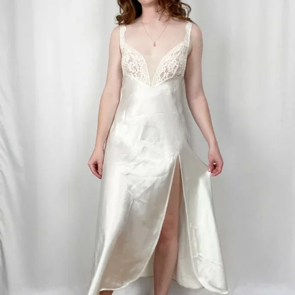 Vintage VS Gold Label Silky Lace Slip Dress Slit Sheer Bridal Wedding Midi Maxi - Picture 9 of 9